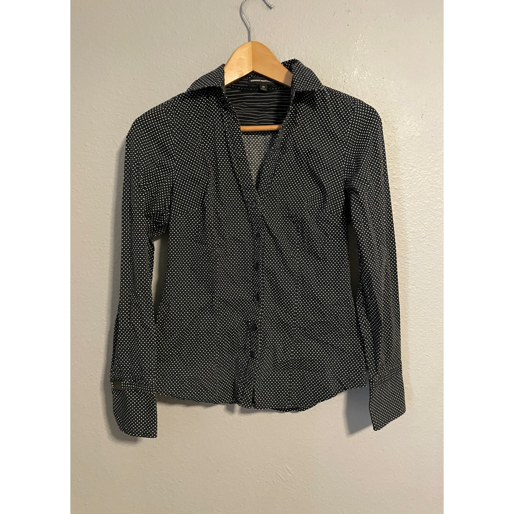 Vintage Express Womens Top Size XS Black Polka Dot Button Up Stretch Grunge Y2K